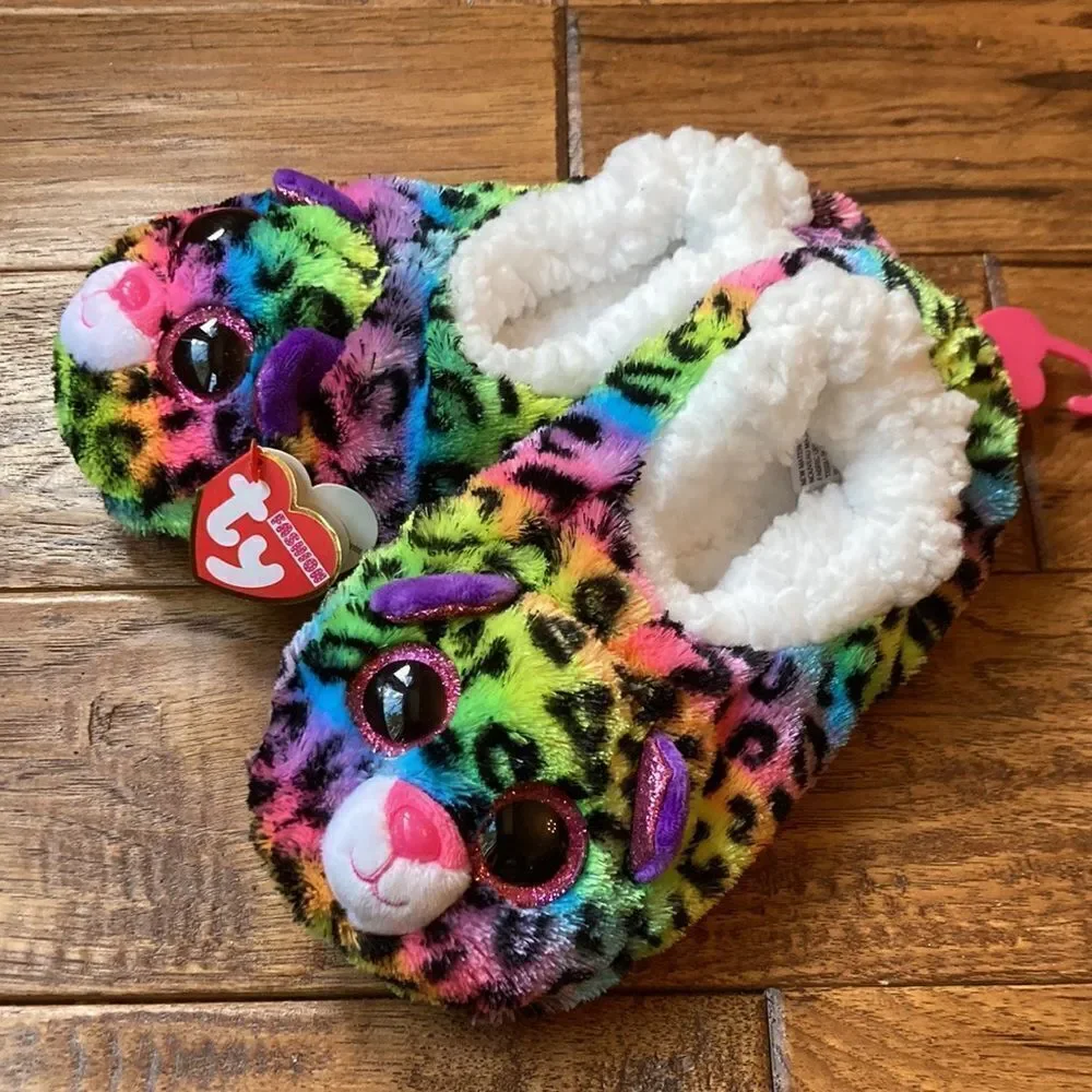 TY Beanie Boos Dottie Slippers Rainbow Leopard Youth Kids Size 4-6 New NWT